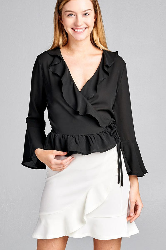 Ladies fashion 3/4 bell sleeve wrap w/ruffle side tie closure flare bottom wool dobby woven top - Presidential Brand (R)