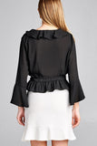 Ladies fashion 3/4 bell sleeve wrap w/ruffle side tie closure flare bottom wool dobby woven top - Presidential Brand (R)