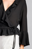 Ladies fashion 3/4 bell sleeve wrap w/ruffle side tie closure flare bottom wool dobby woven top - Presidential Brand (R)