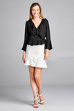 Ladies fashion 3/4 bell sleeve wrap w/ruffle side tie closure flare bottom wool dobby woven top - Presidential Brand (R)