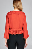 Ladies fashion 3/4 bell sleeve wrap w/ruffle side tie closure flare bottom wool dobby woven top - Presidential Brand (R)