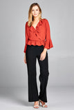 Ladies fashion 3/4 bell sleeve wrap w/ruffle side tie closure flare bottom wool dobby woven top - Presidential Brand (R)