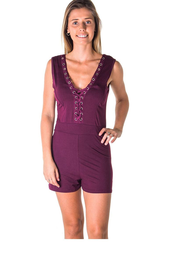 Ladies fashion casual lace up v neck knit romper shorts - Presidential Brand (R)