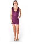 Ladies fashion casual lace up v neck knit romper shorts - Presidential Brand (R)