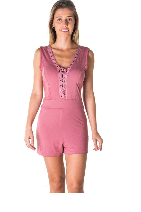 Ladies fashion casual lace up v neck knit romper shorts - Presidential Brand (R)