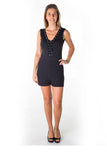 Ladies fashion casual lace up v neck knit romper shorts - Presidential Brand (R)