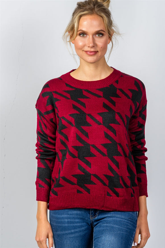Ladies fashion round neckline geo print color block knit sweater - Presidential Brand (R)