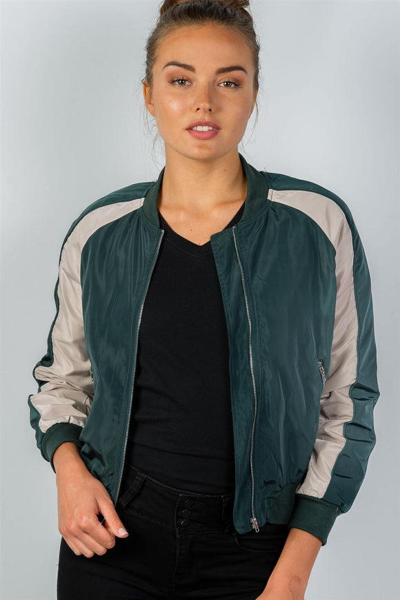 Ladies fashion color block stand collar zipper long sleeve bomber jacket - Presidential Brand (R)