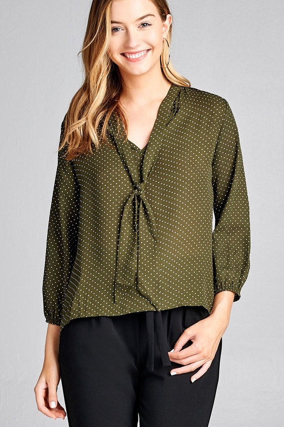Ladies fashion 3/4 sleeve self bow tie neck back keyhole dot print woven top - Presidential Brand (R)