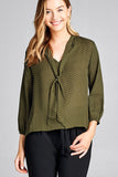 Ladies fashion 3/4 sleeve self bow tie neck back keyhole dot print woven top - Presidential Brand (R)