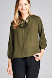 Ladies fashion 3/4 sleeve self bow tie neck back keyhole dot print woven top - Presidential Brand (R)