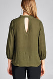 Ladies fashion 3/4 sleeve self bow tie neck back keyhole dot print woven top - Presidential Brand (R)