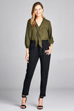 Ladies fashion 3/4 sleeve self bow tie neck back keyhole dot print woven top - Presidential Brand (R)