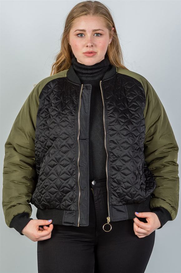 Ladies fashion plus size black & olive quilted bomber jacket - Presidential Brand (R)