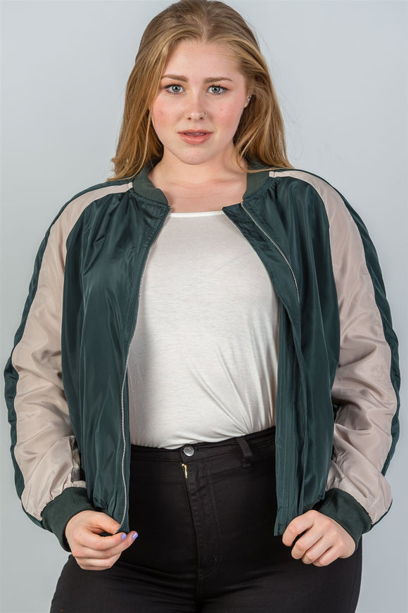 Ladies fashion plus size color block stand collar zipper long sleeve bomber jacket - Presidential Brand (R)