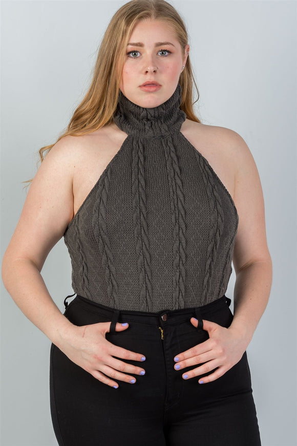 Ladies fashion plus size  cable knit turtleneck sleeveless bodysuit - Presidential Brand (R)