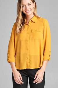 Ladies fashion long sleeve front pocket chiffon blouse w/ back button detail - Presidential Brand (R)