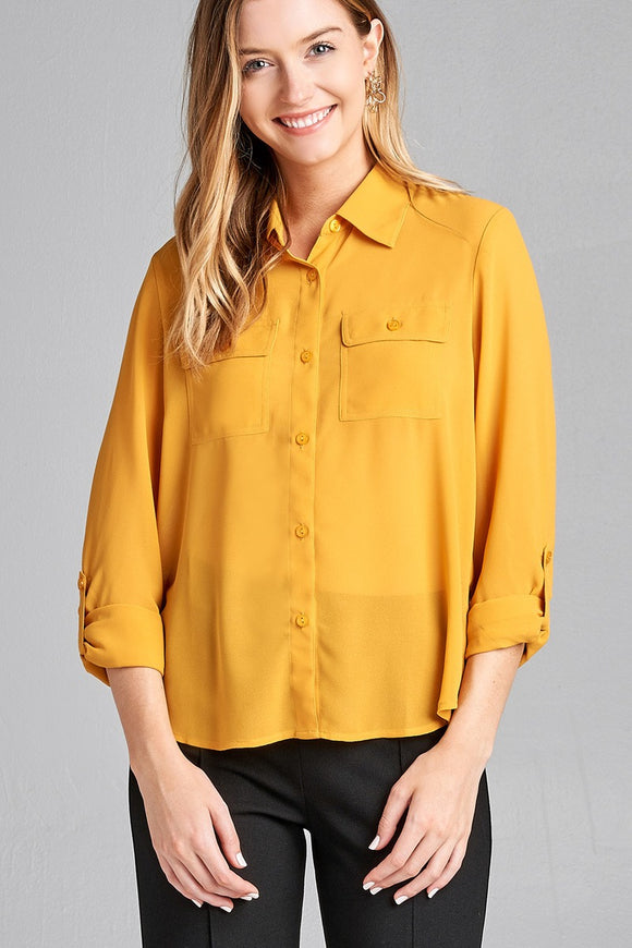 Ladies fashion long sleeve front pocket chiffon blouse w/ back button detail - Presidential Brand (R)