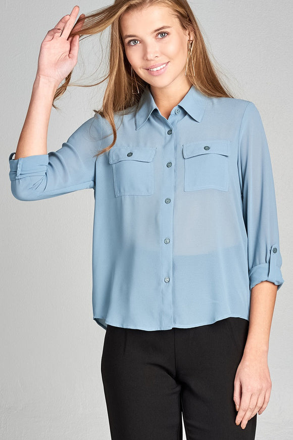 Ladies fashion long sleeve front pocket chiffon blouse w/ back button detail - Presidential Brand (R)