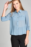 Ladies fashion long sleeve front pocket chiffon blouse w/ back button detail - Presidential Brand (R)