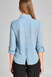 Ladies fashion long sleeve front pocket chiffon blouse w/ back button detail - Presidential Brand (R)