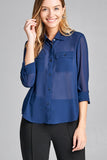 Ladies fashion long sleeve front pocket chiffon blouse w/ back button detail - Presidential Brand (R)
