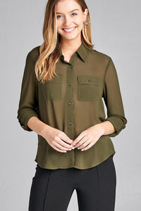 Ladies fashion long sleeve front pocket chiffon blouse w/ back button detail - Presidential Brand (R)