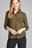 Ladies fashion long sleeve front pocket chiffon blouse w/ back button detail - Presidential Brand (R)