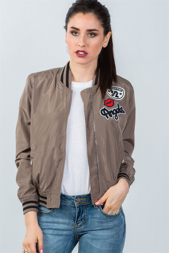 Ladies fashion ribbed trim patch bomber jacket - Presidential Brand (R)