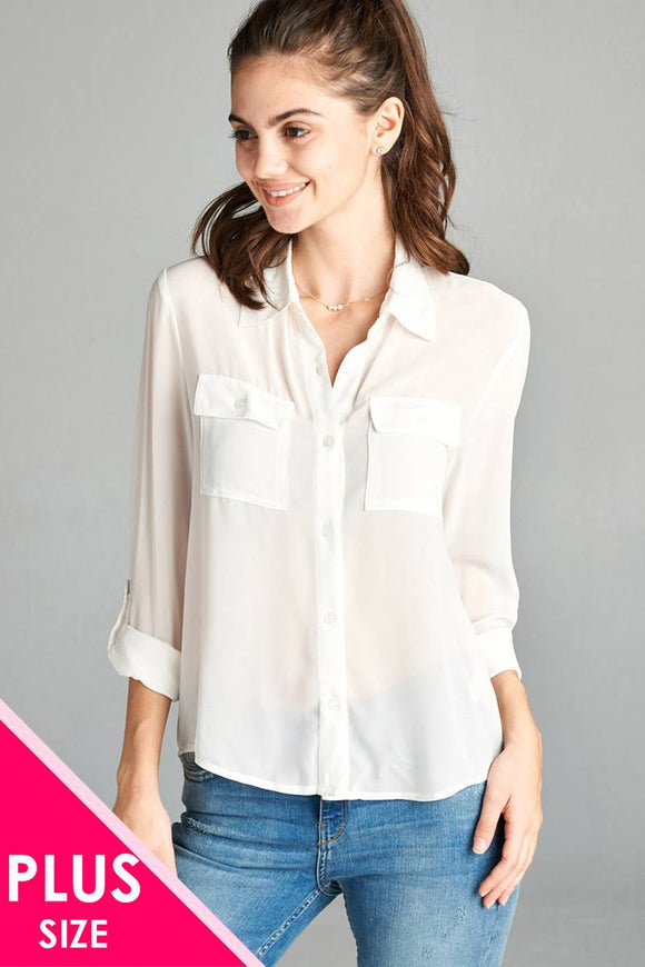 Ladies fashion plus size long sleeve front pocket chiffon blouse w/black button detail - Presidential Brand (R)