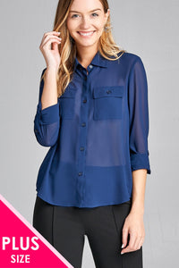 Ladies fashion plus size long sleeve front pocket chiffon blouse w/black button detail - Presidential Brand (R)