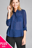 Ladies fashion plus size long sleeve front pocket chiffon blouse w/black button detail - Presidential Brand (R)