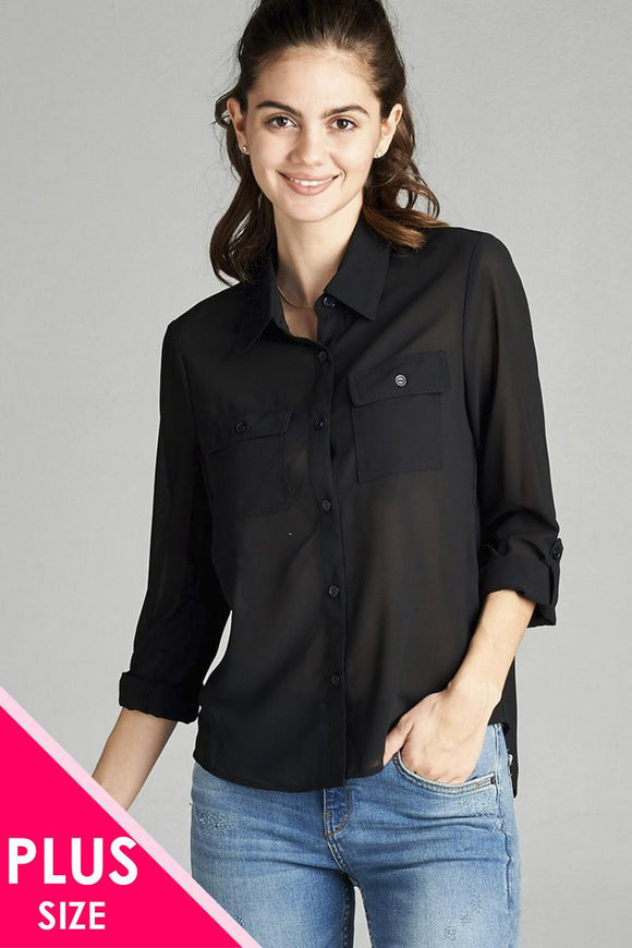 Ladies fashion plus size long sleeve front pocket chiffon blouse w/black button detail - Presidential Brand (R)