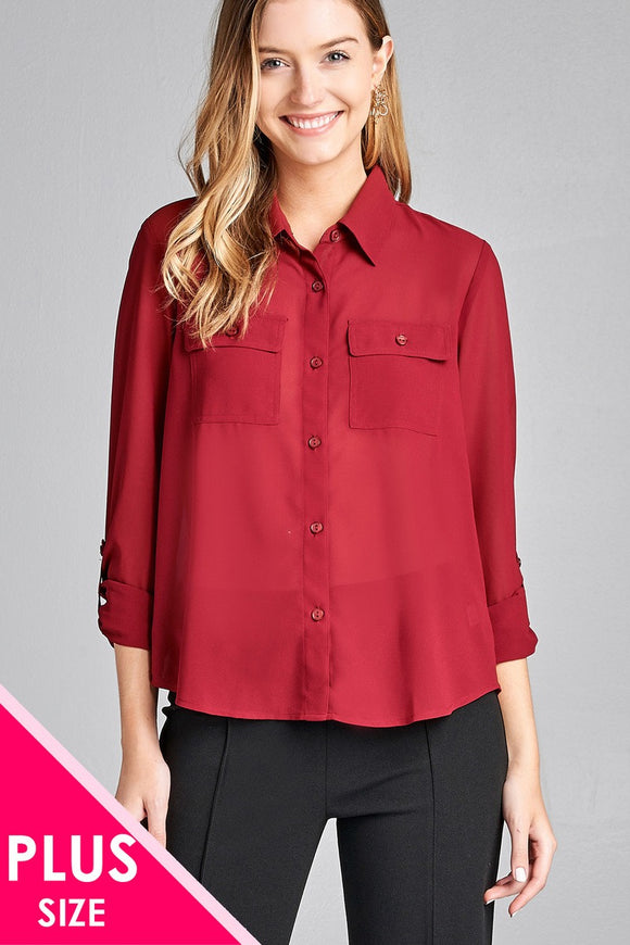 Ladies fashion plus size long sleeve front pocket chiffon blouse w/black button detail - Presidential Brand (R)