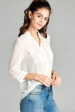 Ladies fashion plus size long sleeve front pocket chiffon blouse w/black button detail - Presidential Brand (R)