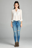 Ladies fashion plus size long sleeve front pocket chiffon blouse w/black button detail - Presidential Brand (R)
