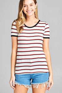 Ladies fashion short sleeve round neck yarn dye stripe rayon spandex jersey top - Presidential Brand (R)
