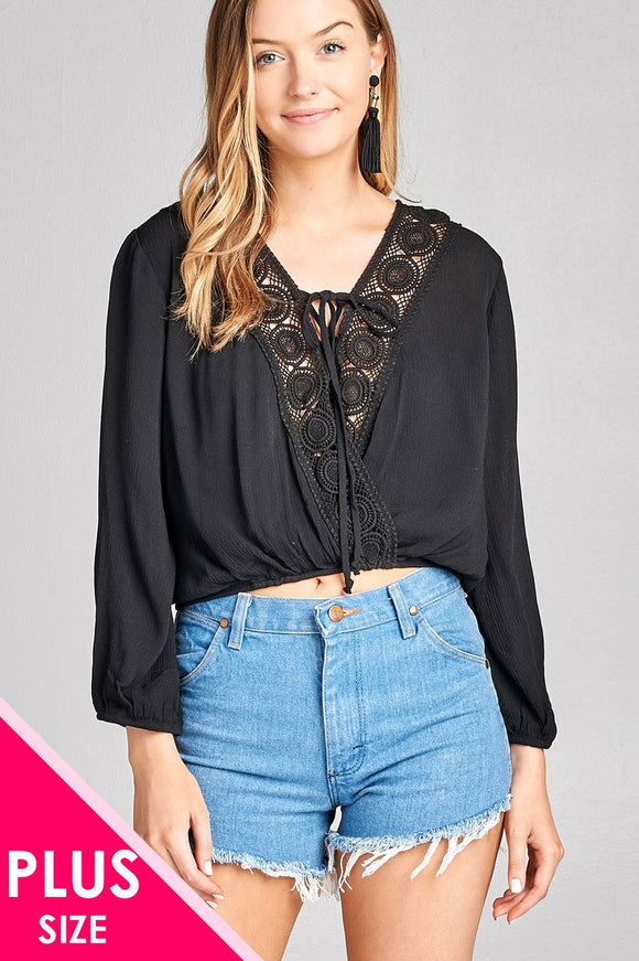 Plus Size Ladies fashion 3/4 Sleeve Crochet lace Trim W / lace Up Crinkle Gauze Woven Top - Presidential Brand (R)