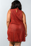 Ladies fashion plus size mini length  rust and nude illusion high neck swing dress - Presidential Brand (R)