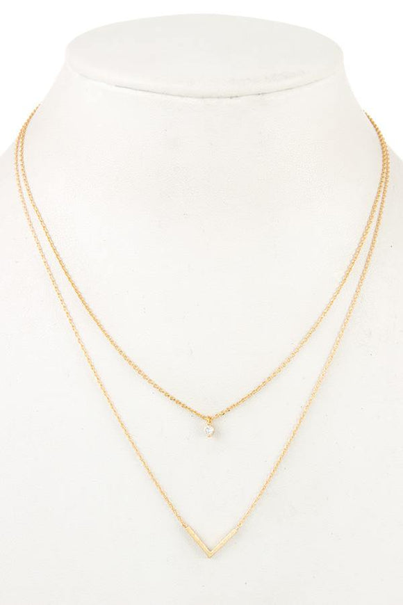 Ladies fashion cz stone v pendant layered necklace - Presidential Brand (R)