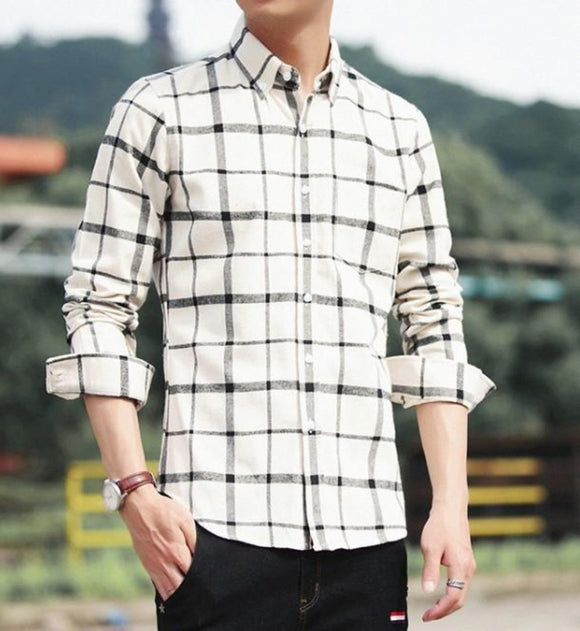 Mens Long Sleeve Checkered Cotton Shirt in Beige - Presidential Brand (R)