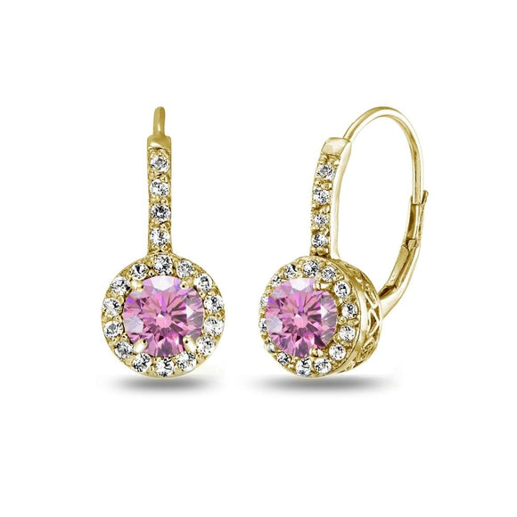 Yellow Gold Flashed Sterling Silver Light Rose Halo Leverback Drop Earrings created with Swarovski Crystals - Presidential Brand (R)