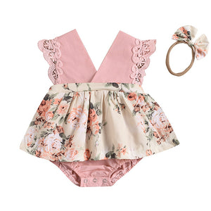 ZAFILLE Sunflower Print Romper Baby Headband 2Pcs V-neck Ruffle Lace Bodysuit For Newborn Onesie Infant Girl Clothes Summer - Presidential Brand (R)