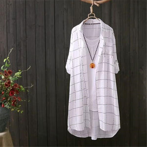 Plus Size Long Plaid Blouse Shirt Button Down Linen Top Casual Long Sleeve - Presidential Brand (R)