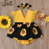 ZAFILLE Sunflower Print Romper Baby Headband 2Pcs V-neck Ruffle Lace Bodysuit For Newborn Onesie Infant Girl Clothes Summer - Presidential Brand (R)