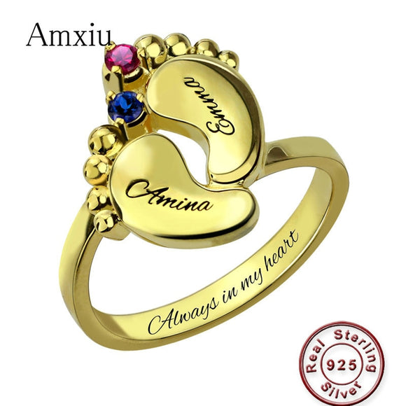 Amxiu 100% 925 Sterling Silver Baby Feet Rings For Women Mother Special Gifts Custom Two Names with Birthstones Ring Accessories - Presidential Brand (R)