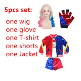 Halloween Harley Quinn Costumes Cosplay Kids Girls Set with Wig Gloves Fancy Jacket Shorts T-shirt Full Set