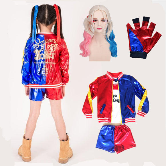Halloween Harley Quinn Costumes Cosplay Kids Girls Set with Wig Gloves Fancy Jacket Shorts T-shirt Full Set