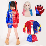 Halloween Harley Quinn Costumes Cosplay Kids Girls Set with Wig Gloves Fancy Jacket Shorts T-shirt Full Set