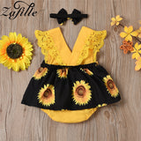 ZAFILLE Sunflower Print Romper Baby Headband 2Pcs V-neck Ruffle Lace Bodysuit For Newborn Onesie Infant Girl Clothes Summer - Presidential Brand (R)